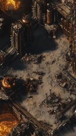 Industrial refinery complex rises above molten lava field