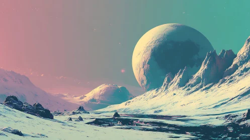 Twin moons linger above a pastel-tinted alien glacier