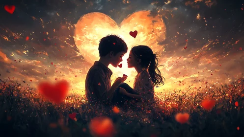 Two silhouetted figures face each other against burning heart-shaped sun