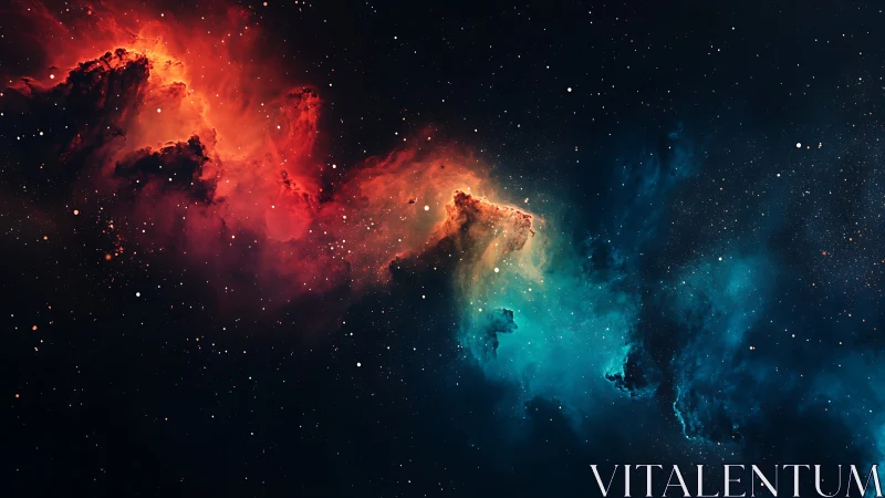 Image shows red and blue interstellar gas clouds with star field