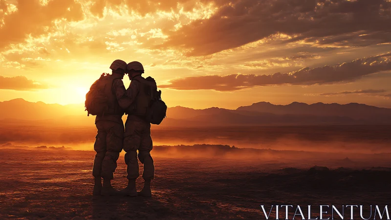 Silhouetted Soldiers Converge Against Desert Sunset.
