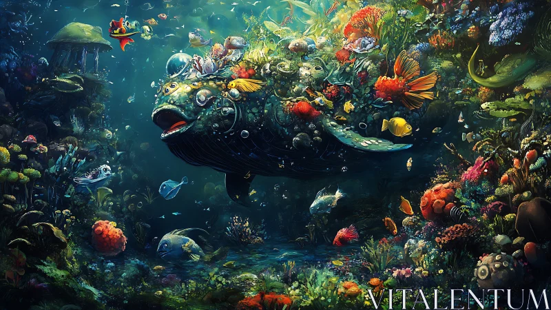 Giant fantasy fish carrying colorful reef world undersea.