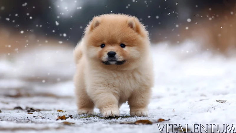 Small fluffy puppy walks on shallow snow in outdoor setting