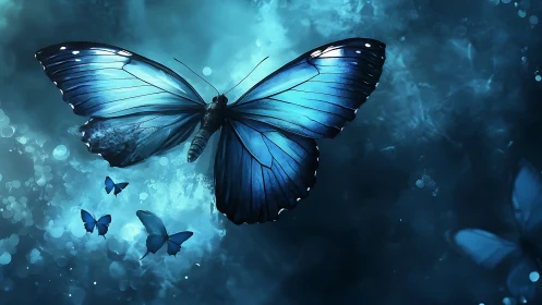 Midnight sapphire butterfly drifting through luminous hush.