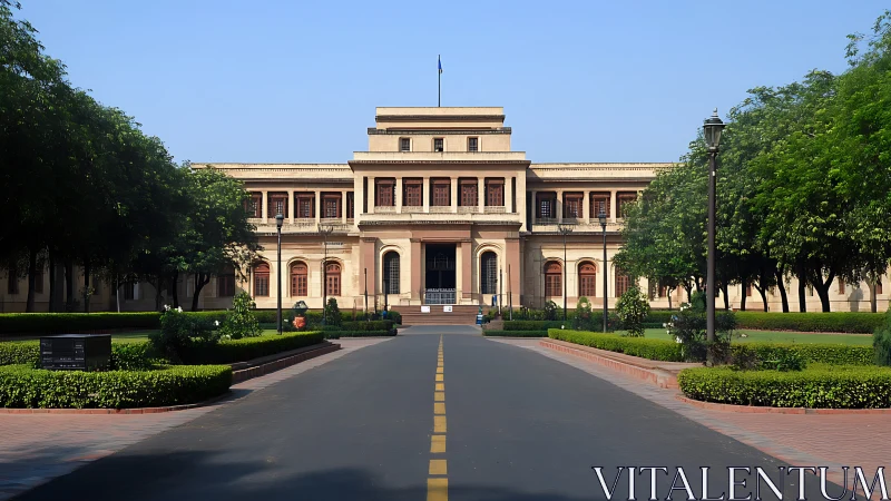 Symmetrical neoclassical academic building with central portico