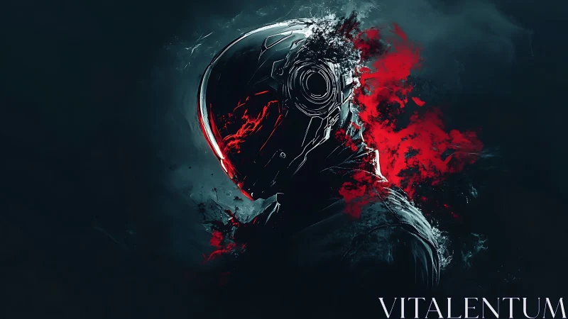 Shattered cybernetic sentinel wreathed in crimson smoke.