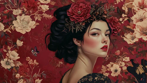 Floral-crowned woman gazes back amid crimson blossoms.
