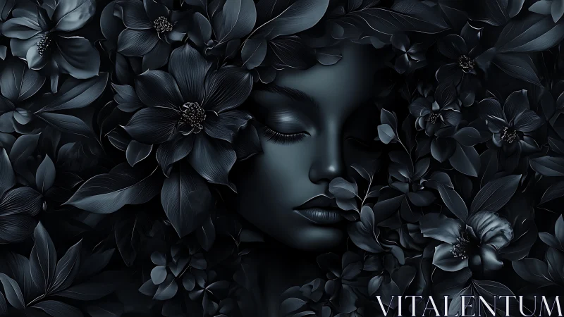 Monochrome female face rendered among dense floral forms