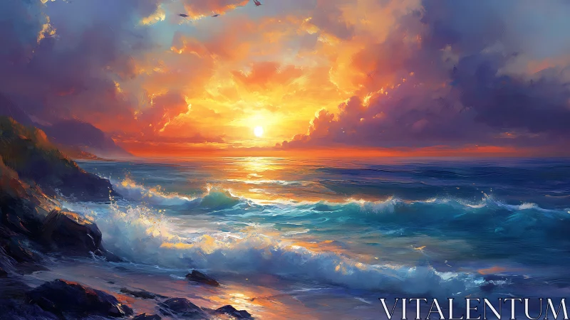 Coastal seascape with sunset, breaking waves and clouds.