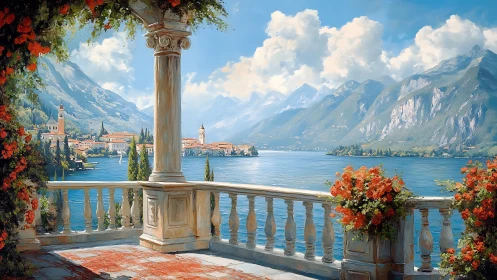 Terrace daydream leans over a sunlit alpine lakeside