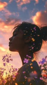 Golden hour silhouette amid glowing flower petals dreamscape.