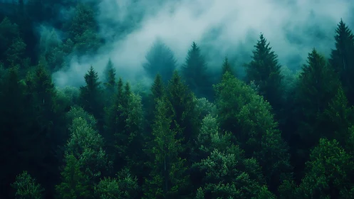 Misty Coniferous Forest Landscape with Layered Silhouettes