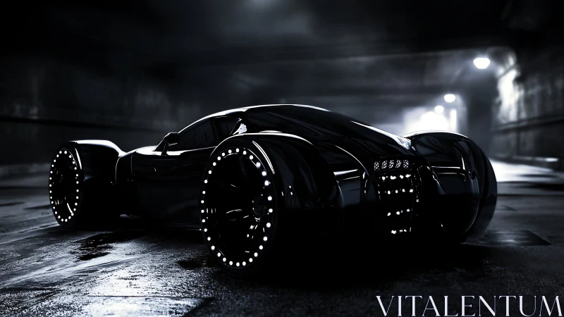 Futuristic black supercar waits in moody underground tunnel