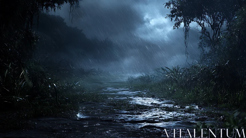 Storm descends on a rain-soaked rainforest stream.