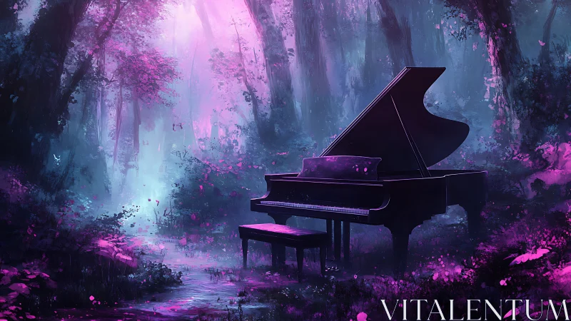 Grand piano in bioluminescent magenta and cyan forestscape.