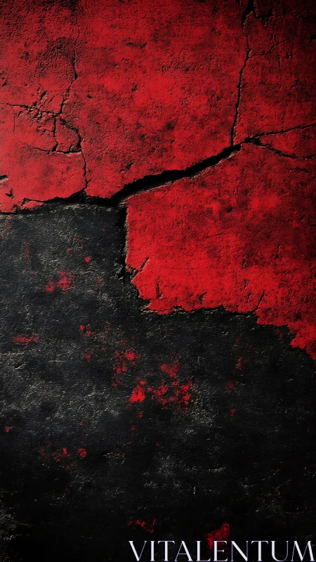 Red and black cracked painted wall surface with rough texture