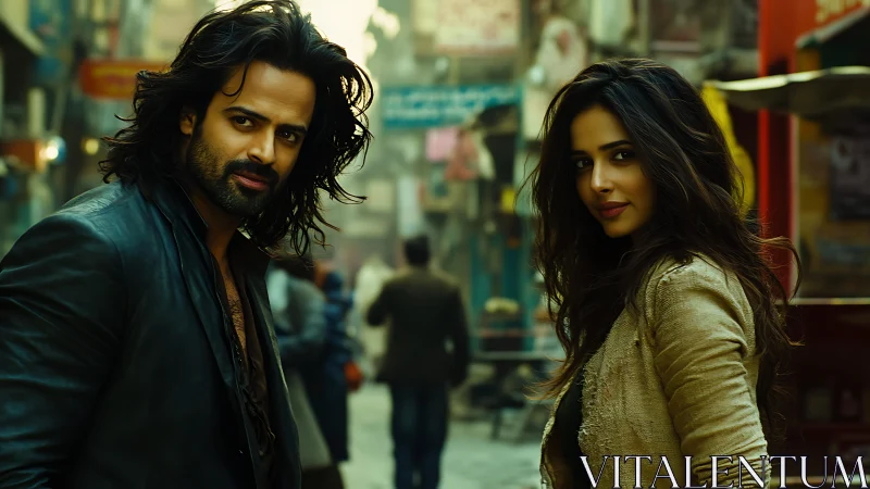 Cinematic portrait of two urban figures in shallow depth of field