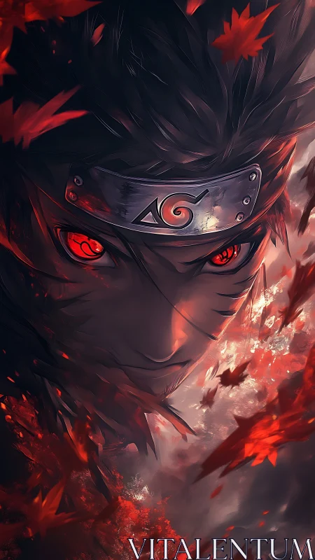 Fiery ninja gaze cuts through swirling crimson leaves.