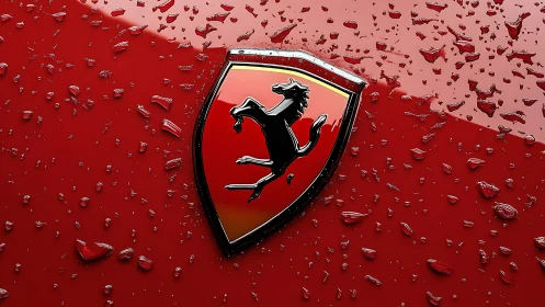 Prancing horse emblem gleams on rain-dappled red car hood