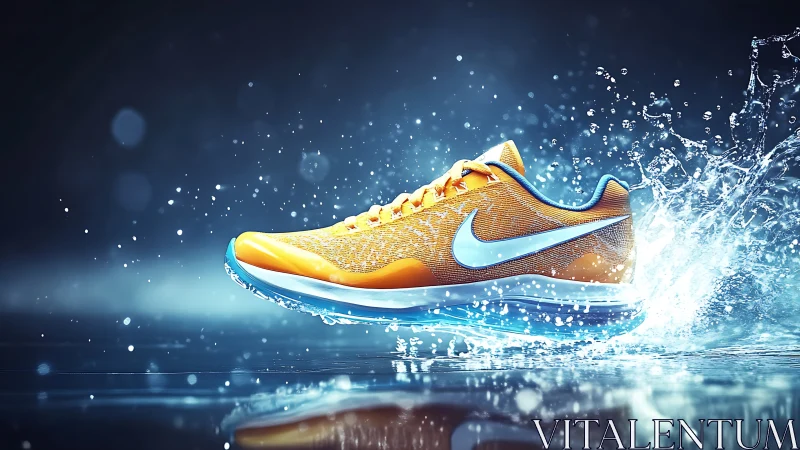 Orange running shoe splashing through bright blue water scene.