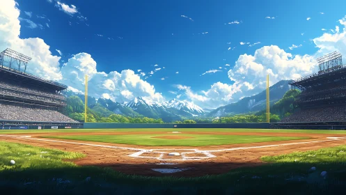 Mountain-ringed baseball stadium glows under bright skies.