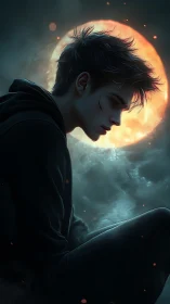 Melancholic youth in profile against oversized moonlit aura