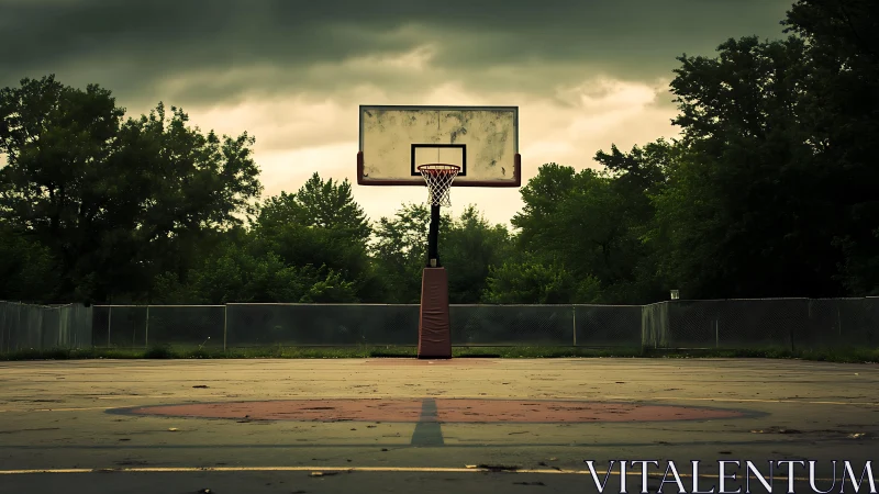 Quiet neighborhood basketball court under stormy skies.