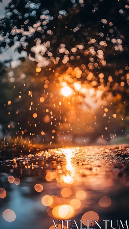 Backlit raindrops over reflective puddle at golden hour
