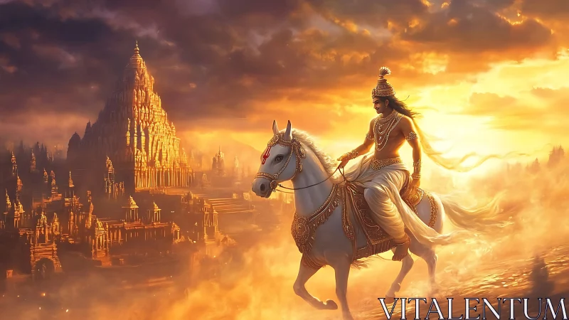 Warrior on white horse rides above golden temple city at dusk