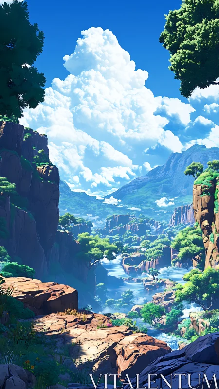 Cloud towers drift above a canyon river carved in emerald