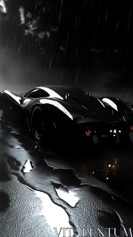 Carbon black hypercar in cinematic night rain environment