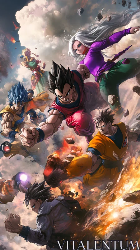 Anime warriors clash amid explosive sky and shattered earth.