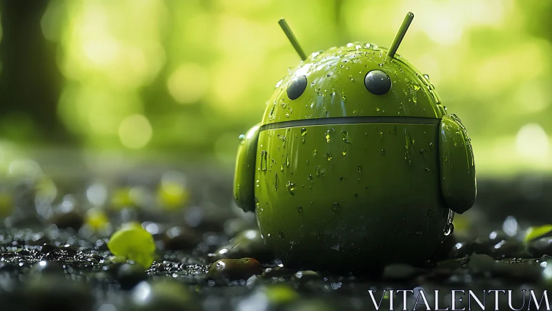 Rain-soaked green android figurine on wet forest floor