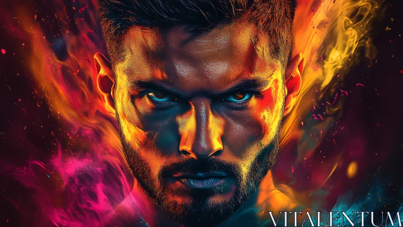 Male digital portrait with dual-color fiery effects applied.