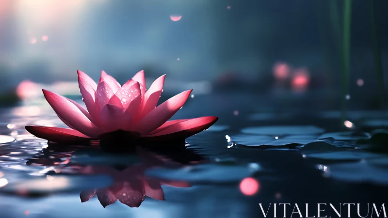 Pink lotus flower rests on dark reflective water at dusk