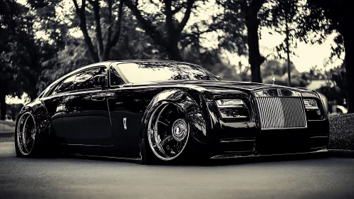 Midnight monarch sedan glides low beneath whispering trees.