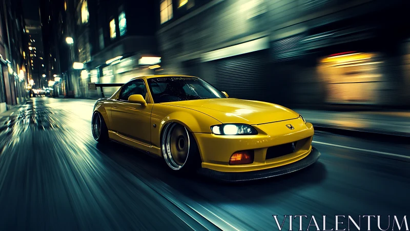 Yellow tuner Honda racing through cinematic night city streets.