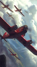 Red twin‑engine warbirds in tight formation over valley clouds