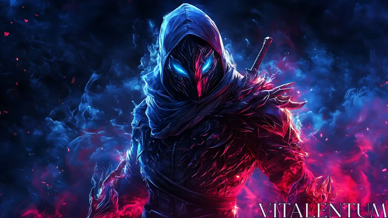 Hooded cyber warrior with glowing eyes in neon energy storm.