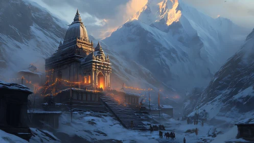 Digital painting of snowbound mountain temple with warm luminance.