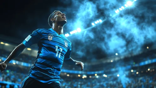 Soccer forward celebrates under electric blue stadium lights.