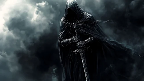 Hooded void knight with engraved greatsword in storming gloom.
