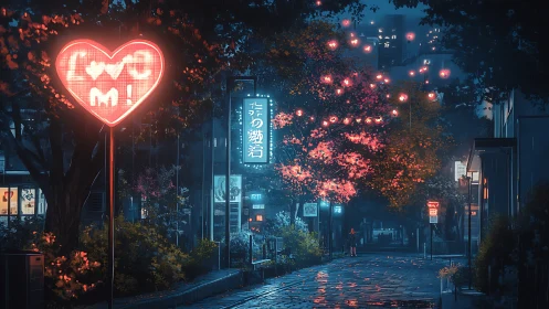 Neon heart signage illuminates rain-soaked, sakura-lined city street