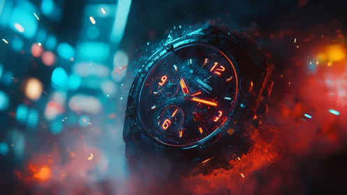 Illuminated wristwatch amid abstract bokeh and sparks.
