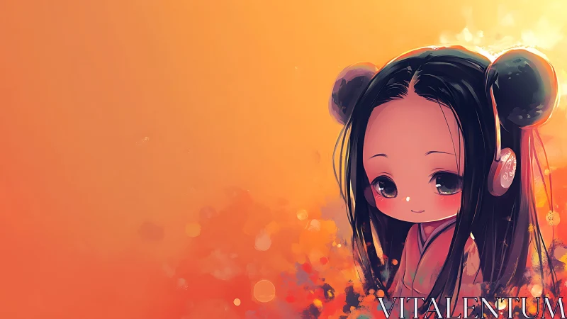 Stylized chibi girl rendered against uniform orange gradient