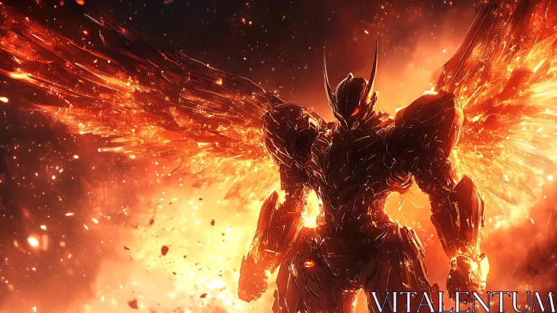 Fiery winged mech warrior stands in molten battlefield blaze.