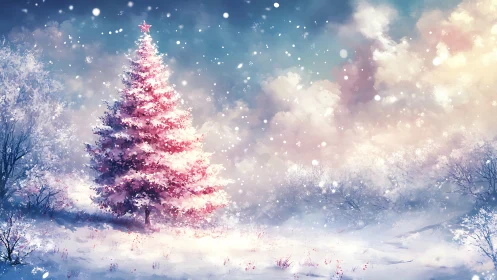 Snowy winter landscape with illuminated pink Christmas tree.