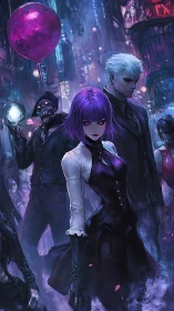Purple haired woman leads dark crew in neon city street