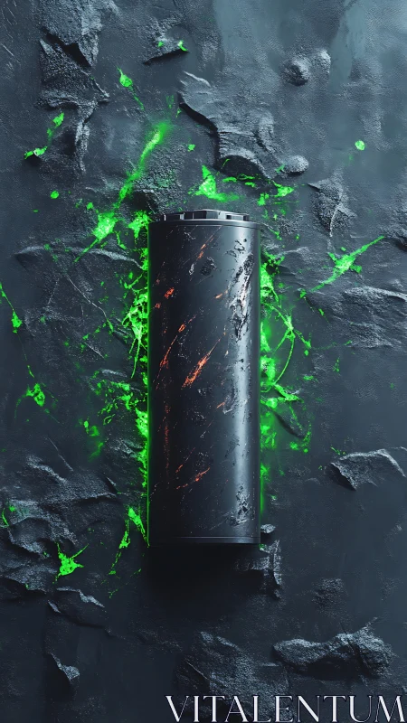 Neon-charged black cylinder ignites over volcanic stone.