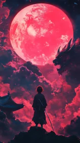 Samurai silhouette under blood moon with dragon spirit.